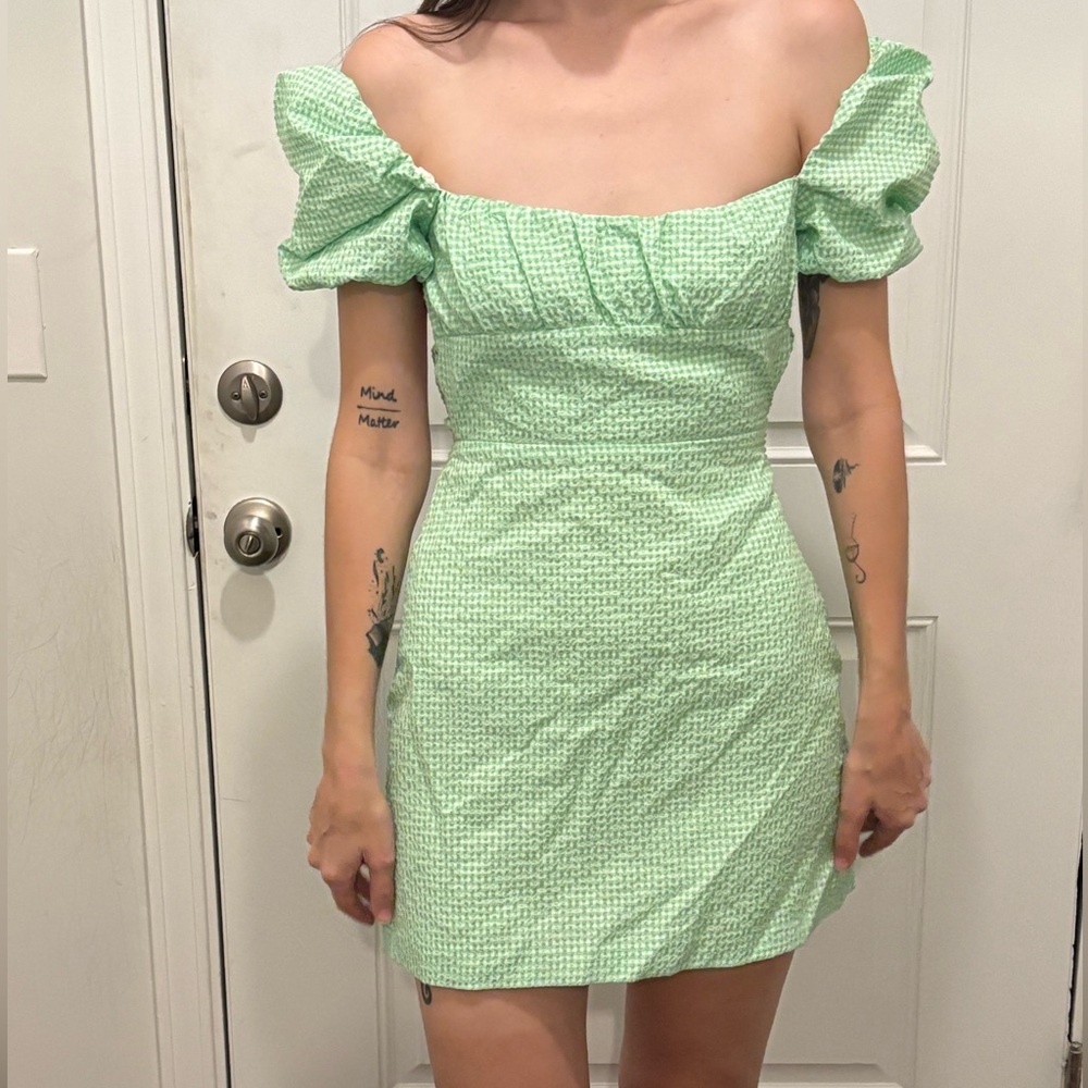 Zara Light Green Puff Sleeve Mini Dress